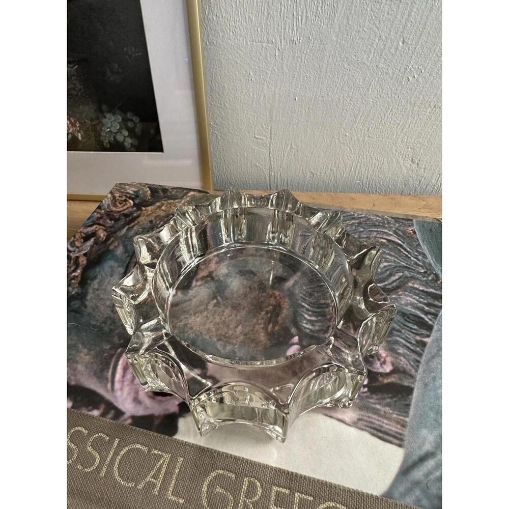 Vintage Large Round Clear Pale Yellow Glass Ashtray Catch All Retro Mid-Century